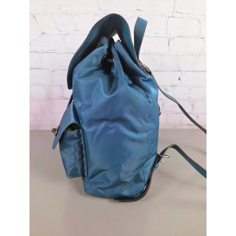 Coach Blue Teal Nylon Leather Backpack F58814 Silvertone Turnlock Bag Womens